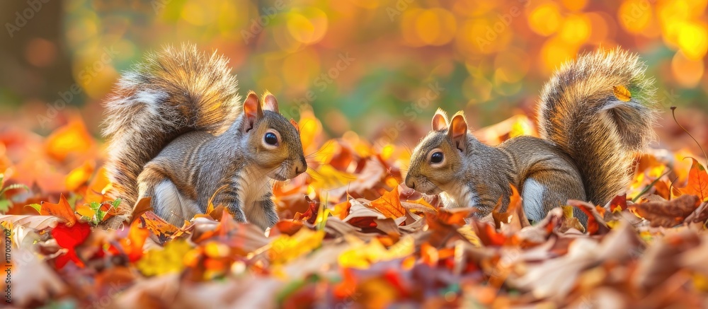 Fototapeta premium Two Squirrels Among Fall Leaves