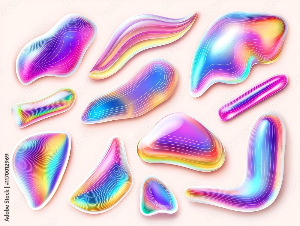 Collection of 3D Holographic Geometric Shapes with Soft Light Effects, Pastel Gradient Colors, and Glossy Surface Perfect for Abstract Artwork Collection of 3D Holographic Geometric Shapes with Soft Light Effects, Pastel Gradient Colors, and Glossy Surface Perfect for Abstract Artwork