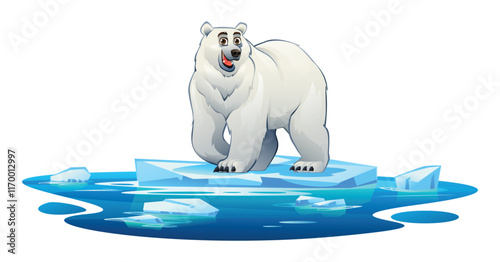 Polar bear standing on an ice platform surrounded by icy waters. Vector cartoon illustration