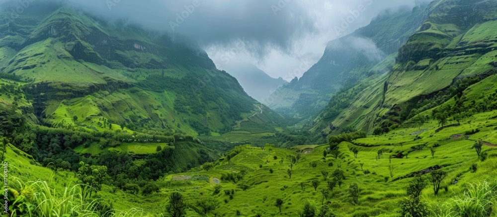 Obraz premium Misty Mountain Valley Landscape