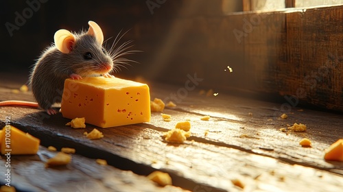 Cute mouse eating cheese in sunlight.