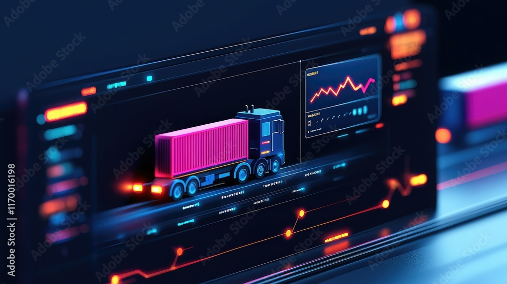 Fototapeta premium A digital interface displays a truck carrying a container, accompanied by data visualizations and graphs.