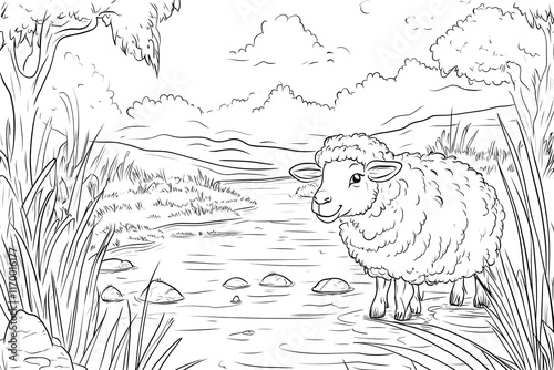 Sheep by the River Coloring Page photo