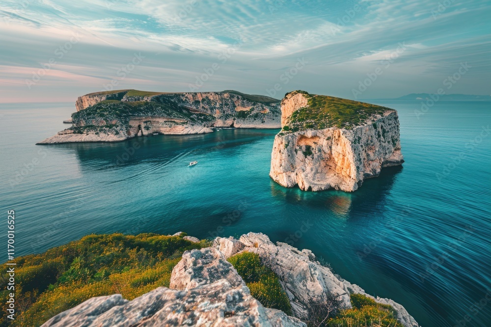 Fototapeta premium A rocky cliff overlooking a calm blue sea, depicting natural beauty and tranquility.