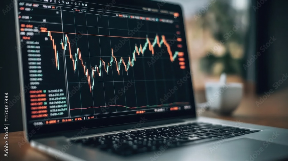 Bitcoin coin on a laptop with trading charts visible on the screen, the USA flag draped behind, highlighting cryptocurrency market trends Bitcoin coin on a laptop with trading charts visible on the screen, the USA flag draped behind, highlighting cryptocurrency market trends