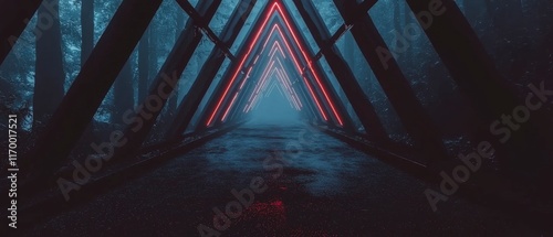 Futuristic Neon Tunnel in Misty Forest  Abstract Geometric Pathway