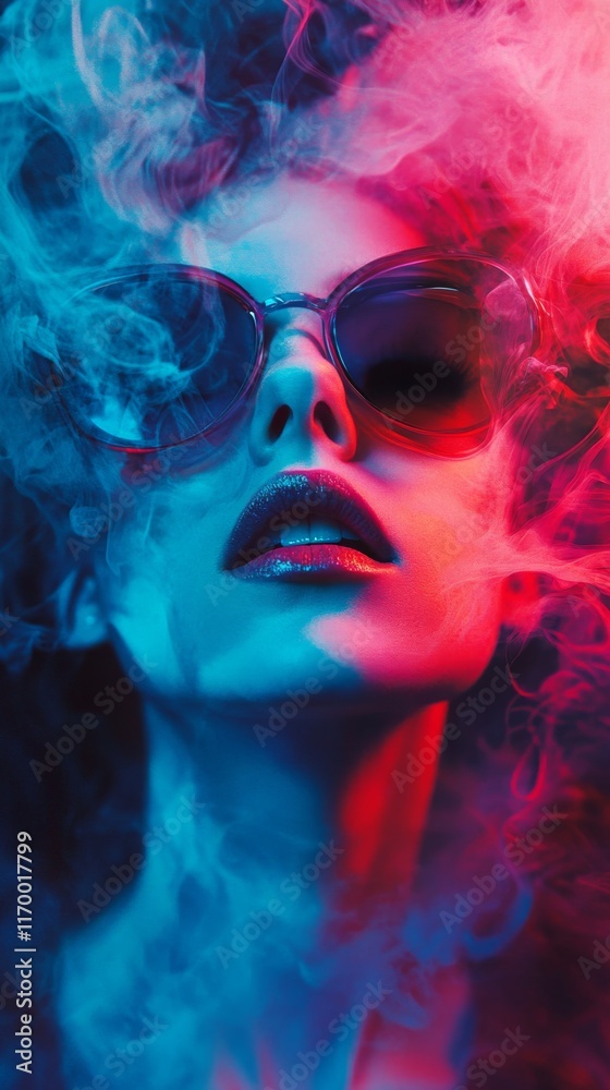 Close up of a woman's face surrounded by colorful smoke. Close up of a woman's face surrounded by colorful smoke.