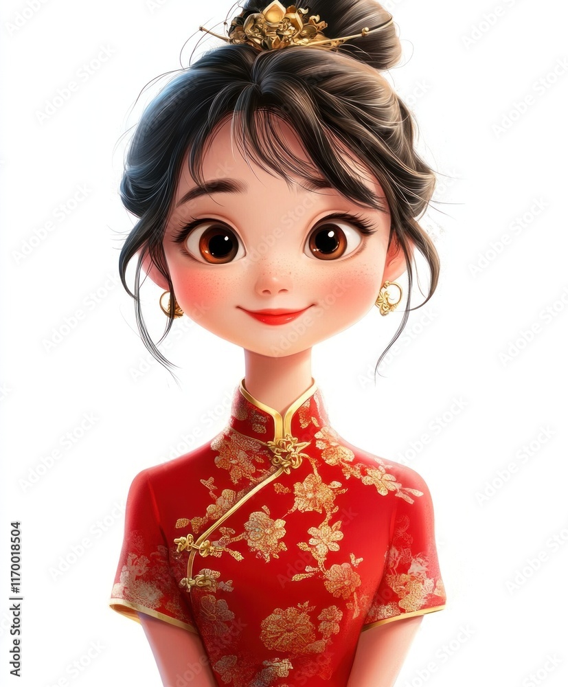 Cheerful Chinese girl with a round face, dressed in a red Cheongsam adorned with traditional gold patterns, wearing a gold necklace and rings, set against a clean white backdrop Cheerful Chinese girl with a round face, dressed in a red Cheongsam adorned with traditional gold patterns, wearing a gold necklace and rings, set against a clean white backdrop