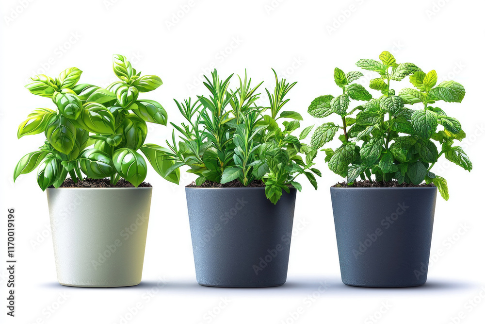 Potted basil, rosemary, and mint herbs isolated on white.