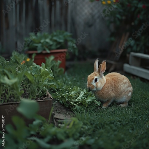 A rabbit nibbling on greens near a vegetable bed, telephoto lens, shot at dusk for a soft mood. photo