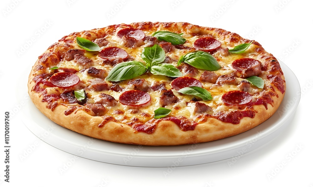 A delicious pizza topped with pepperoni, sausage, and fresh basil leaves. A delicious pizza topped with pepperoni, sausage, and fresh basil leaves.