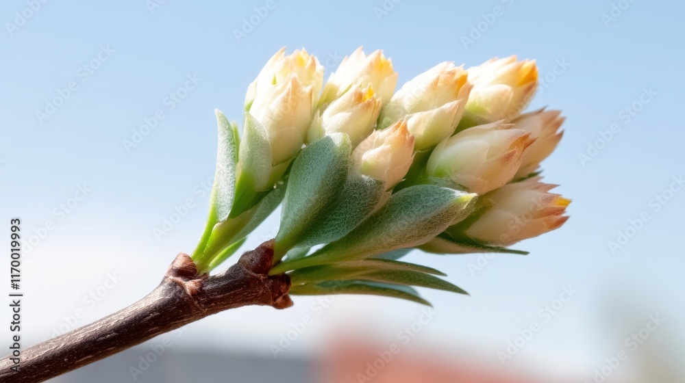 Fototapeta premium Close-up of blossoming buds on a twig against a clear blue sky