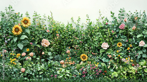 Lush flower wall with sunflowers and roses.