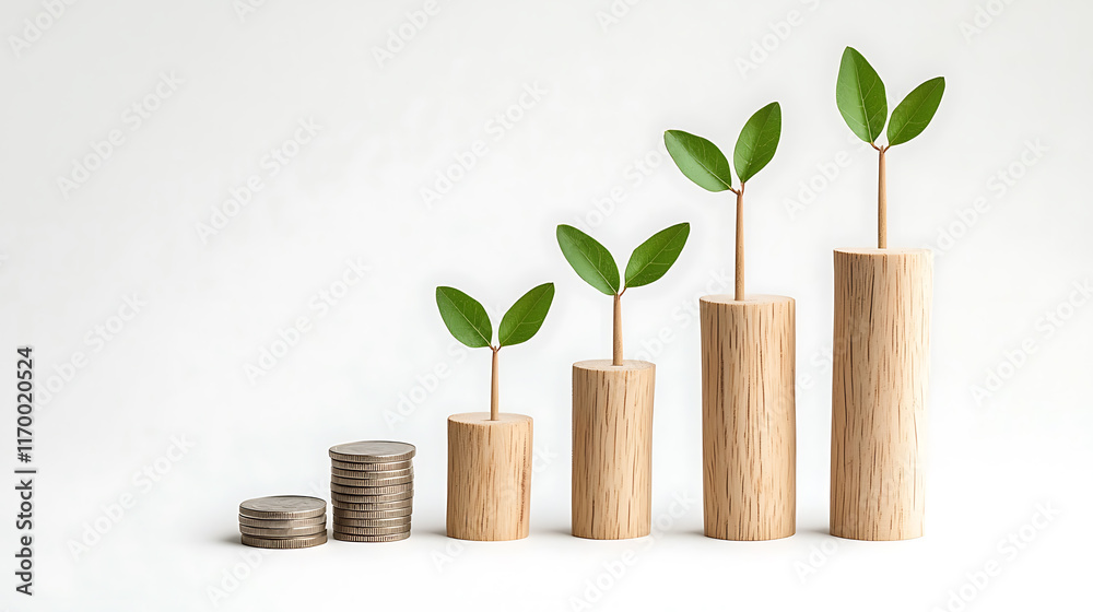 Growing financial success represented by plant growth on wooden bars Growing financial success represented by plant growth on wooden bars