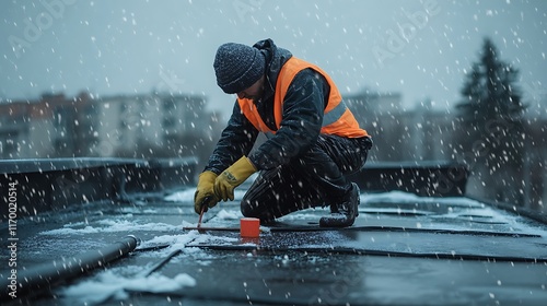 A worker kneeling on a rooftop, addressing water accumulation and snow, wearing gloves and a high-visibility vest in cold weather conditions