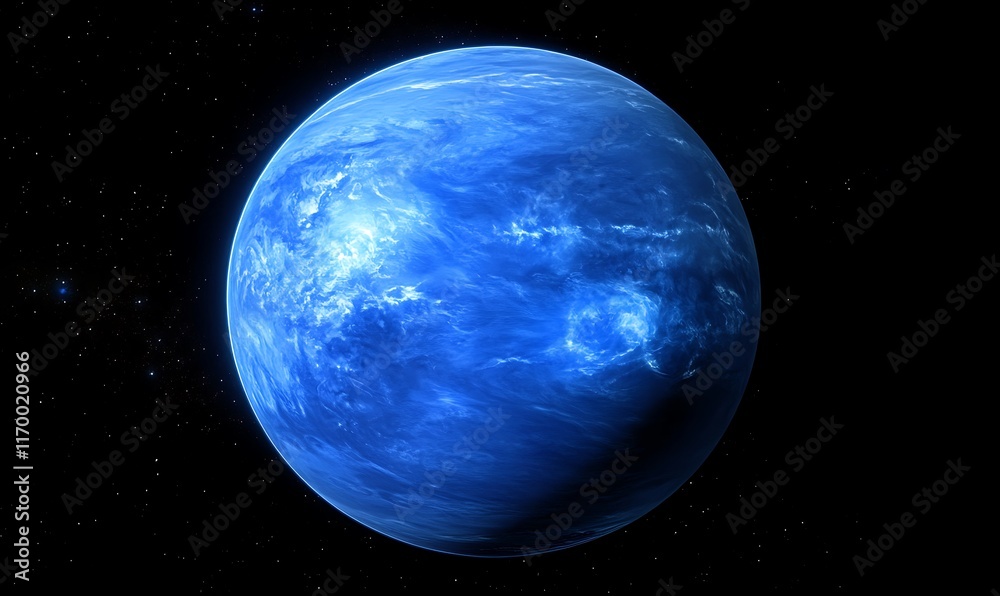 Obraz premium Blue exoplanet in space with swirling clouds.