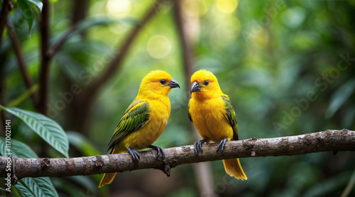 Wallpaper Mural Pair of Bright Yellow Birds Perched on a Branch Torontodigital.ca