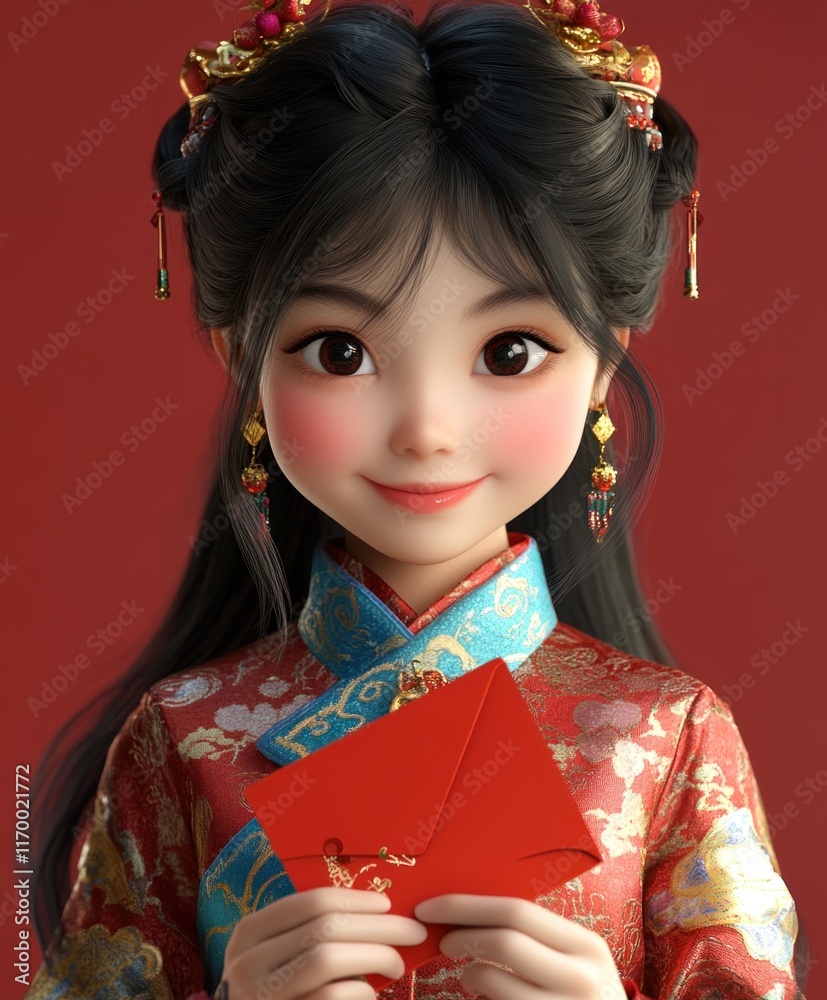 Elegant girl with flowing black hair and a wide smile, wearing colorful traditional Chinese dress, holding a red envelope and cards, joyful atmosphere, 3D high-definition. Elegant girl with flowing black hair and a wide smile, wearing colorful traditional Chinese dress, holding a red envelope and cards, joyful atmosphere, 3D high-definition.
