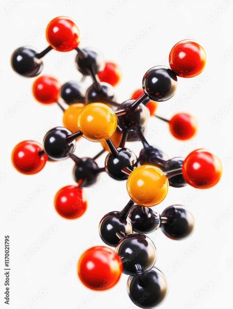 Molecular model with red, yellow and black beads Molecular model with red, yellow and black beads