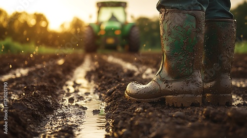 A close-up of heavily mud-caked boots standing on wet, textured soil, blurred bright green tractor and plowed rows behind, soft golden hour lighting highlighting the boots, hd clarity, photo