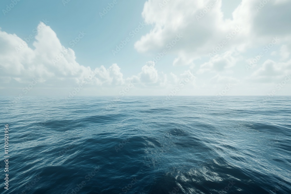 Calm ocean scene with blue water and fluffy white clouds under a bright sky. Calm ocean scene with blue water and fluffy white clouds under a bright sky.