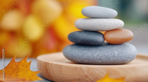 Stacked stones with autumn leaves in serenity-inspired still life photo