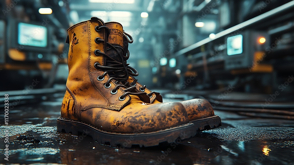 A close-up of sturdy steel-toed boots with oil stains on a slightly wet metallic floor, blurred conveyor belts and control panels in the background, A close-up of sturdy steel-toed boots with oil stains on a slightly wet metallic floor, blurred conveyor belts and control panels in the background,