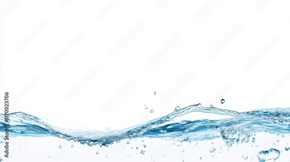 A wave of clear water splashes against a white background, symbolizing freshness and purity. A wave of clear water splashes against a white background, symbolizing freshness and purity.