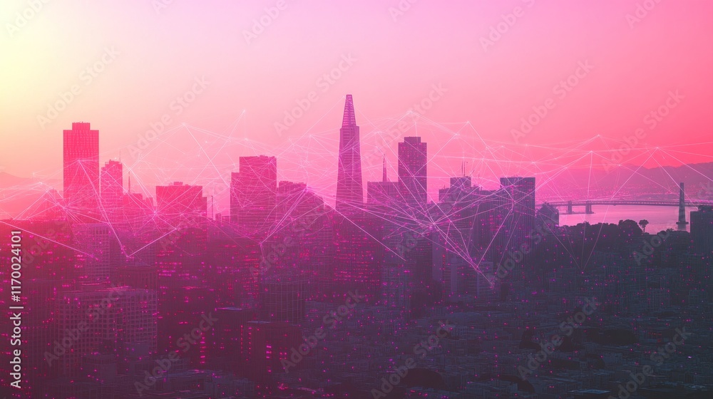 Fototapeta premium Futuristic neural network overlay on San Francisco skyline, vibrant gradient tones connecting nodes with an innovative energy