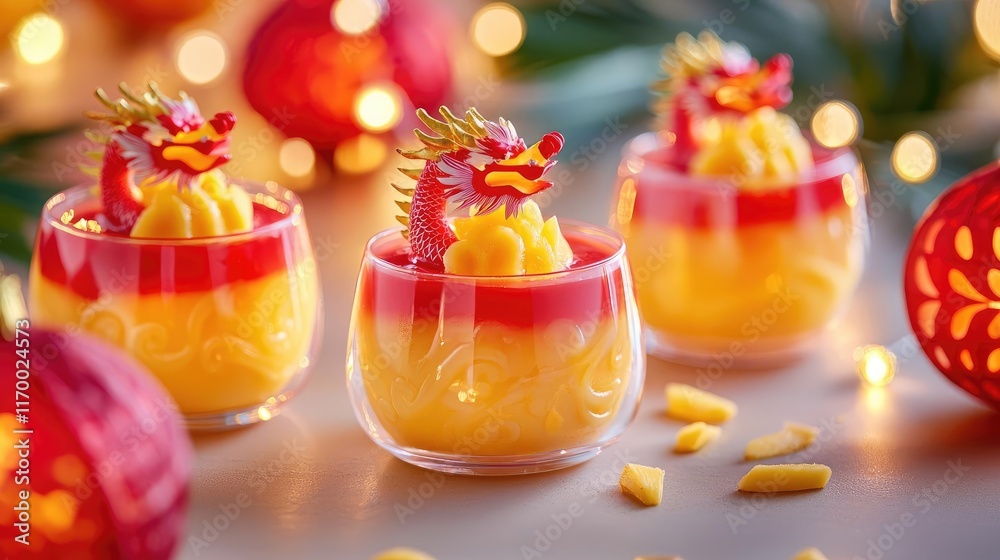Fototapeta premium Mango pudding shaped into dragon motifs, glowing lanterns and vibrant red and gold festive elements creating a unique display