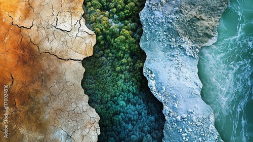 Four terrain types desert, forest, snow, water; abstract.