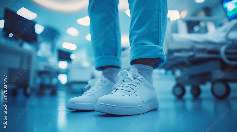 A dynamic close-up of doctor’s clean white shoes standing near a hospital bed wheel, blurred monitors and medical tools in the background, warm clinical lighting casting gentle highlights, A dynamic close-up of doctor’s clean white shoes standing near a hospital bed wheel, blurred monitors and medical tools in the background, warm clinical lighting casting gentle highlights,