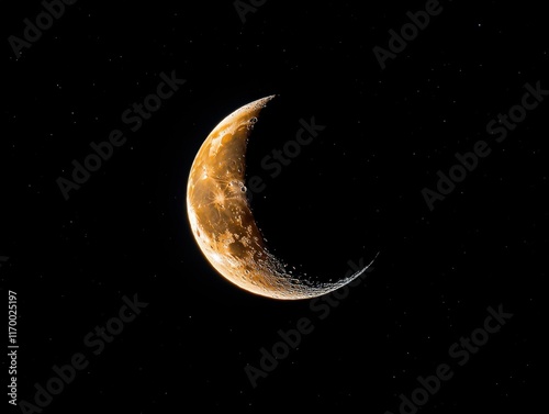 A crescent moon glowing softly in mystical light, surrounded by stars in radiant harmony