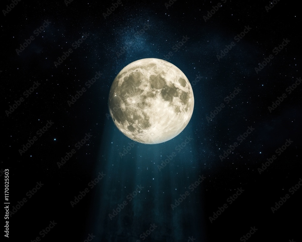 Obraz premium A mystical sky with the moon glowing brilliantly, supernatural beams blending with a sea of glittering stars