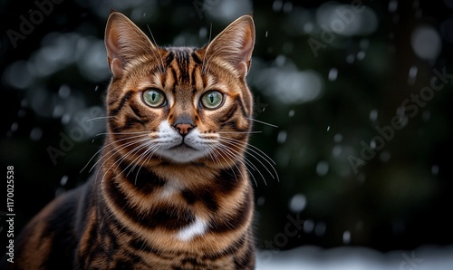 Bengal cat in snow, focused portrait, winter scene.