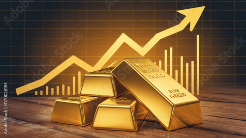 Illustration of gold bars stacked with a rising graph in the background, symbolizing the increasing value of gold investment and price trends.