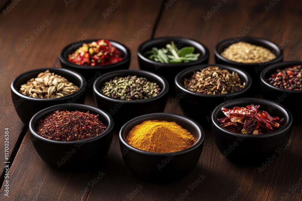 Variety of seasonings in bowls on a table. Variety of seasonings in bowls on a table.