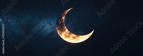 The crescent moon glowing in ethereal colors, stars sparkling around it as supernatural energy fills the air