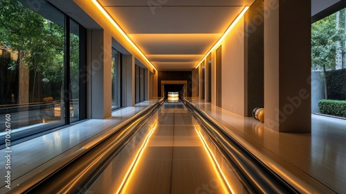 Luxurious indoor bowling alley with ambient lighting and glass windows.