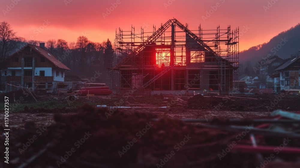 Obraz premium Sunset House Construction Site New Home Building Scaffolding Real Estate