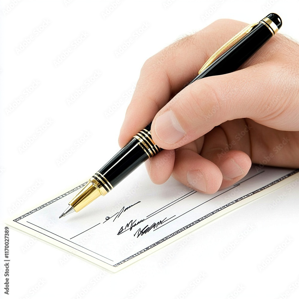 bank check being signed with a pen, isolated white background bank check being signed with a pen, isolated white background