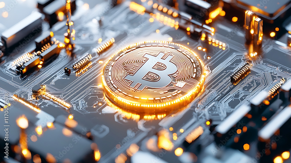 glowing cryptocurrency coin on circuit board, symbolizing digital finance and technology glowing cryptocurrency coin on circuit board, symbolizing digital finance and technology
