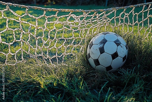 Soccer ball flying through autumnal goal net, perfect for sports imagery.