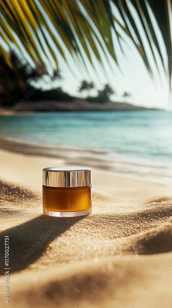 Golden cream jar on sand beach, ocean, palm, vacation. Golden cream jar on sand beach, ocean, palm, vacation.