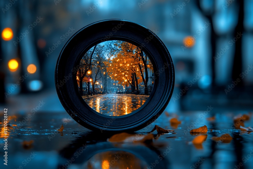 Autumn city street reflected in camera lens, rain, bokeh. Autumn city street reflected in camera lens, rain, bokeh.