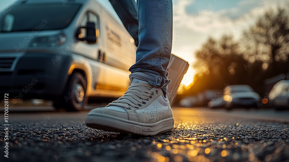 A low-angle shot of a courier’s sneakers with visible stitching stepping on asphalt, blurred delivery van with packages in the background, bright morning light, cinematic depth and detail. --ar 16:9 A low-angle shot of a courier’s sneakers with visible stitching stepping on asphalt, blurred delivery van with packages in the background, bright morning light, cinematic depth and detail. --ar 16:9