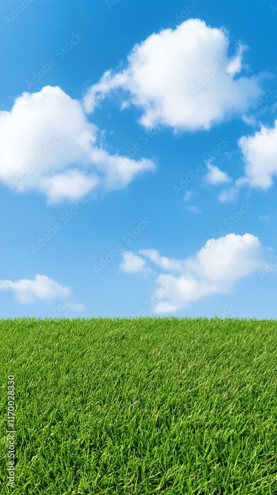Serene green field under bright blue sky with white clouds Serene green field under bright blue sky with white clouds