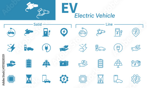 Electric vehicle icon. Set of solid and outline icons about charging stations, electricity, ecology, technology.