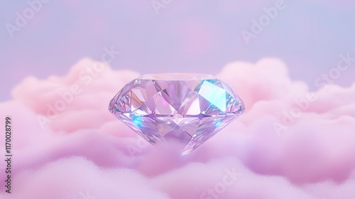 Sparkling diamond on soft pink clouds: ethereal beauty and luxury in dreamy pastel setting photo