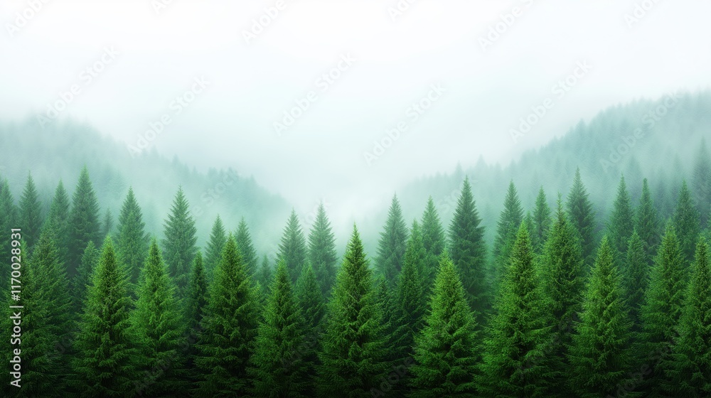 Fototapeta premium Misty morning in evergreen forest with lush green pine trees